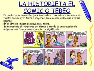 LA HISTORIETA EL
COMIC O TEBEO
Es una historia, un cuento, que es narrado a través de una secuencia de
viñetas que incluyen texto e imágenes, suele ocupar desde una a varias
páginas.
En el cómic la imagen se apoya en el texto.
Se representa el transcurso del tiempo a través de una sucesión de
imágenes que forman una secuencia con significado.
 