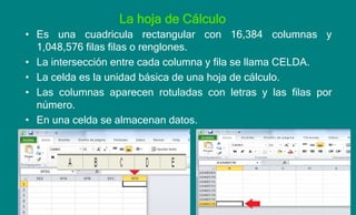 La hoja de Cálculo
• Es una cuadricula rectangular con 16,384 columnas y
1,048,576 filas filas o renglones.
• La intersección entre cada columna y fila se llama CELDA.
• La celda es la unidad básica de una hoja de cálculo.
• Las columnas aparecen rotuladas con letras y las filas por
número.
• En una celda se almacenan datos.
 