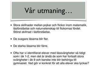 • Stora skillnader mellan pojkar och ﬂickor inom matematik,
läsförståelse och naturvetenskap till ﬂickornas fördel.
Störst skillnad i läsförståelse.
• De svagare läsarna blir ﬂer.
• De starka läsarna blir färre.
• Ofta har vi identiﬁerat elever med lässvårigheter så tidigt
som i åk 1-2, men det är ändå de som har fortsatt stora
svårigheter i åk 9 och kanske inte blir behöriga till
gymnasiet. Vad gör vi konkret för att alla elever ska lyckas?
Vår utmaning…
 