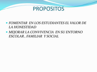 PROPOSITOS
FOMENTAR EN LOS ESTUDIANTES EL VALOR DE
LA HONESTIDAD
MEJORAR LA CONVIVENCIA EN SU ENTORNO
ESCOLAR , FAMILIAR Y SOCIAL