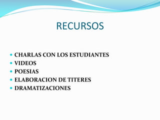 RECURSOS
CHARLAS CON LOS ESTUDIANTES
VIDEOS
POESIAS
ELABORACION DE TITERES
DRAMATIZACIONES