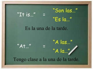 “It is…”
“Son las…”
=
“Es la…”
“At…”
“A las…”
=
“A la…”
Es la una de la tarde.
Tengo clase a la una de la tarde.
 