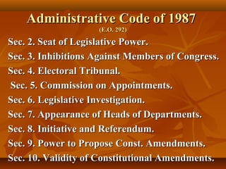 Administrative Code of 1987Administrative Code of 1987
(E.O. 292)(E.O. 292)
Sec. 2. Seat of Legislative Power.Sec. 2. Seat of Legislative Power.
Sec. 3. Inhibitions Against Members of Congress.Sec. 3. Inhibitions Against Members of Congress.
Sec. 4. Electoral Tribunal.Sec. 4. Electoral Tribunal.
Sec. 5. Commission on Appointments.Sec. 5. Commission on Appointments.
Sec. 6. Legislative Investigation.Sec. 6. Legislative Investigation.
Sec. 7. Appearance of Heads of Departments.Sec. 7. Appearance of Heads of Departments.
Sec. 8. Initiative and Referendum.Sec. 8. Initiative and Referendum.
Sec. 9. Power to Propose Const. Amendments.Sec. 9. Power to Propose Const. Amendments.
Sec. 10. Validity of Constitutional Amendments.Sec. 10. Validity of Constitutional Amendments.
 
