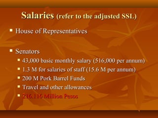  House of RepresentativesHouse of Representatives
 SenatorsSenators
 43,000 basic monthly salary (516,000 per annum)43,000 basic monthly salary (516,000 per annum)
 1.3 M for salaries of staff (15.6 M per annum)1.3 M for salaries of staff (15.6 M per annum)
 200 M Pork Barrel Funds200 M Pork Barrel Funds
 Travel and other allowancesTravel and other allowances
 216.116 Million Pesos216.116 Million Pesos
SalariesSalaries (refer to the adjusted SSL)(refer to the adjusted SSL)
 