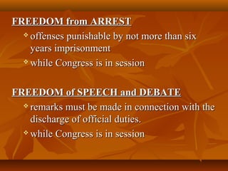 FREEDOM from ARRESTFREEDOM from ARREST
 offenses punishable by not more than sixoffenses punishable by not more than six
years imprisonmentyears imprisonment
 while Congress is in sessionwhile Congress is in session
FREEDOM of SPEECH and DEBATEFREEDOM of SPEECH and DEBATE
 remarks must be made in connection with theremarks must be made in connection with the
discharge of official duties.discharge of official duties.
 while Congress is in sessionwhile Congress is in session
 