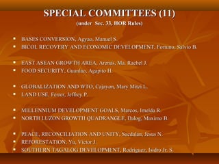 SPECIAL COMMITTEES (11)SPECIAL COMMITTEES (11)
(under Sec. 33, HOR Rules)(under Sec. 33, HOR Rules)
 BASES CONVERSION, Agyao, Manuel S.BASES CONVERSION, Agyao, Manuel S.
 BICOL RECOVERY AND ECONOMIC DEVELOPMENT, Fortuno, Salvio B.BICOL RECOVERY AND ECONOMIC DEVELOPMENT, Fortuno, Salvio B.
 EAST ASEAN GROWTH AREA, Arenas, Ma. Rachel J.EAST ASEAN GROWTH AREA, Arenas, Ma. Rachel J.
 FOOD SECURITY, Guanlao, Agapito H.FOOD SECURITY, Guanlao, Agapito H.
 GLOBALIZATION AND WTO, Cajayon, Mary Mitzi L.GLOBALIZATION AND WTO, Cajayon, Mary Mitzi L.
 LAND USE, Ferrer, Jeffrey P.LAND USE, Ferrer, Jeffrey P.
 MILLENNIUM DEVELOPMENT GOALS, Marcos, Imelda R.MILLENNIUM DEVELOPMENT GOALS, Marcos, Imelda R.
 NORTH LUZON GROWTH QUADRANGLE, Dalog, Maximo B.NORTH LUZON GROWTH QUADRANGLE, Dalog, Maximo B.
 PEACE, RECONCILIATION AND UNITY, Sacdalan, Jesus N.PEACE, RECONCILIATION AND UNITY, Sacdalan, Jesus N.
 REFORESTATION, Yu, Victor J.REFORESTATION, Yu, Victor J.
 SOUTHERN TAGALOG DEVELOPMENT, Rodriguez, Isidro Jr. S.SOUTHERN TAGALOG DEVELOPMENT, Rodriguez, Isidro Jr. S.
 
