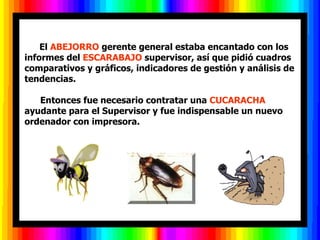         El  ABEJORRO  gerente general estaba encantado con los informes del  ESCARABAJO  supervisor, así que pidió cuadros comparativos y gráficos, indicadores de gestión y análisis de tendencias.        Entonces fue necesario contratar una  CUCARACHA  ayudante para el Supervisor y fue indispensable un nuevo ordenador con impresora.  