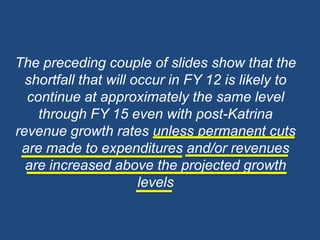 The preceding couple of slides show that the shortfall that will occur in FY 12 is likely to continue at approximately the same level through FY 15 even with post-Katrina revenue growth rates unless permanent cuts are made to expenditures and/or revenues are increased above the projected growth levels