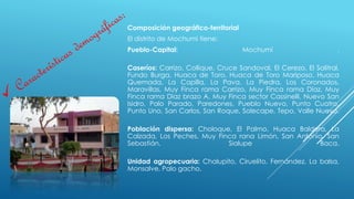 Composición geográfico-territorial
El distrito de Mochumi tiene:
Pueblo-Capital: Mochumí .
Caseríos: Carrizo, Collique, Cruce Sandoval, El Cerezo, El Salitral,
Fundo Burga, Huaca de Toro, Huaca de Toro Mariposo, Huaca
Quemada, La Capilla, La Pava, La Piedra, Los Coronados,
Maravillas, Muy Finca rama Carrizo, Muy Finca rama Díaz, Muy
Finca rama Díaz brazo A, Muy Finca sector Cassinelli, Nuevo San
Isidro, Palo Parado, Paredones, Pueblo Nuevo, Punto Cuatro,
Punto Uno, San Carlos, San Roque, Solecape, Tepo, Valle Nuevo.
Población dispersa: Choloque, El Palmo, Huaca Baldera, La
Calzada, Los Peches, Muy Finca rana Limón, San Antonio, San
Sebastián, Sialupe Baca.
Unidad agropecuaria: Chalupito, Ciruelito, Fernández, La balsa,
Monsalve, Palo gacho.
 