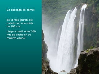 La cascada de Tamul Es la más grande del estado con una caida de 105 mts. Llega a medir unos 300 mts de ancho en su máximo caudal. 