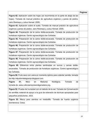 10
Paginas
Figura 42. Aplicación sobre las hojas (se recomienda en la parte de abajo de las
hojas). Tomada de manual práctico de agricultura orgánica y panes de piedra.
Jairo Restrepo y Julius Hensel. 2009.
Figura 43. Aplicación sobre el suelo. Tomada de manual práctico de agricultura
orgánica y panes de piedra. Jairo Restrepo y Julius Hensel. 2009.
Figura 44. Preparación de la cama doble-excavada. Tomada de producción de
hortalizas orgánicas. Centro agroecológico las Cañadas.
Figura 45. Preparación de la cama doble-excavada. Tomada de producción de
hortalizas orgánicas. Centro agroecológico las Cañadas.
Figura 46. Preparación de la cama doble-excavada. Tomada de producción de
hortalizas orgánicas. Centro agroecológico las Cañadas.
Figura 47. Preparación de la cama doble-excavada. Tomada de producción de
hortalizas orgánicas. Centro agroecológico las Cañadas
Figura 48. Preparación de la cama doble-excavada. Tomada de producción de
hortalizas orgánicas. Centro agroecológico las Cañadas.
Figura 49. Diferencia entre plantas sembradas en surcos y camas doble-
excavadas. Tomada de producción de hortalizas orgánicas. Centro agroecológico
las Cañadas.
Figura 50. Fruto seco con vaina en momento óptimo para colectar semilla .tomada
de http://eljudiondelagranja.blogspot.com.
Figura 51. Maíz en Madurez fisiológica. Tomada de
tomada de. www.culturaempresarialganadera.org.
Figura 52. Prueba de humedad con el método de la sal. Tomada de Conservación
de semillas material de apoyo a la guía de extensión de técnicas apropiadas para
pequeños productores. JICA.
Figura 53. Marco para siembra en tresbolillo. Tomada de huerta orgánica
biointensiva. Ciesa.
 