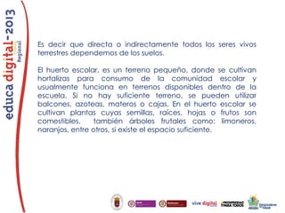 Es decir que directa o indirectamente todos los seres vivos
terrestres dependemos de los suelos.
El huerto escolar, es un terreno pequeño, donde se cultivan
hortalizas para consumo de la comunidad escolar y
usualmente funciona en terrenos disponibles dentro de la
escuela. Si no hay suficiente terreno, se pueden utilizar
balcones, azoteas, materos o cajas. En el huerto escolar se
cultivan plantas cuyas semillas, raíces, hojas o frutos son
comestibles,
también árboles frutales como: limoneros,
naranjos, entre otros, si existe el espacio suficiente.

 