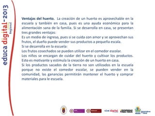 Ventajas del huerto. La creación de un huerto es aprovechable en la
escuela y también en casa, pues es una ayuda económica para la
alimentación sana de la familia. Si se desarrolla en casa, se presentan
tres grandes ventajas:
Es un medio de ingreso, pues si se cuida con amor y se aprovechan sus
frutos, el dueño puede vender sus productos a pequeña escala.
Si se desarrolla en la escuela:
Los frutos cosechados se pueden utilizar en el comedor escolar.
Los niños se encargan de cuidar del huerto y cultivar los productos.
Esto es motivante y estimula la creación de un huerto en casa.
Si los productos sacados de la tierra no son utilizados en la escuela
porque no existe el comedor escolar, se pueden vender en la
comunidad, las ganancias permitirán mantener el huerto y comprar
materiales para le escuela.

 