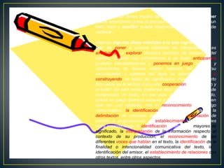 Leer y escribir distan mucho de ser conceptos simples.Leer
puede entenderse como el proceso de comprender lo que un
texto dice y escribir puede interpretarse como el acto de
codificar.
Veamos algunas ideas referidas a lo que significa leer:
leer es poner a prueba hipótesis de interpretación, es
aventurarse a explorar diversos caminos de búsqueda del
sentido. Cuando nos enfrentamos a un texto anticipamos
posibles interpretaciones y ponemos en juego saberes y
operaciones de diversa índole: saberes del lector (su
enciclopedia) y saberes del texto se relacionan para ir
construyendo un tejido de significados. Por esto, Umberto
Eco habla de la lectura como una cooperación entre el texto y
el lector. De este modo, podemos decir que en el proceso de
comprender un texto, en ese acto de producir el sentido,
entran en juego diversos saberes y competencias que tienen
que ver, por ejemplo, con el reconocimiento del código
comunicativo, la identificación de la temática global, la
delimitación de unidades de significado, la asignación de
sentido a proposiciones, el establecimiento de relaciones
entre proposiciones, la identificación de unidades mayores de
significado, la interpretación de la información respecto al
contexto de su producción, el reconocimiento de las
diferentes voces que hablan en el texto, la identificación de la
finalidad o intencionalidad comunicativa del texto, la
identificación del emisor, el establecimiento de relaciones con
otros textos, entre otros aspectos.

 