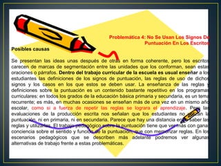 Problemática 4: No Se Usan Los Signos De
Puntuación En Los Escritos
Posibles causas
Se presentan las ideas unas después de otras en forma coherente, pero los escritos
carecen de marcas de segmentación entre las unidades que los conforman, sean estas
oraciones o párrafos. Dentro del trabajo curricular de la escuela es usual enseñar a los
estudiantes las definiciones de los signos de puntuación, las reglas de uso de dichos
signos y los casos en los que estos se deben usar. La enseñanza de las reglas y
definiciones sobre la puntuación es un contenido bastante repetitivo en los programas
curriculares: en todos los grados de la educación básica primaria y secundaria, es un tema
recurrente; es más, en muchas ocasiones se enseñan más de una vez en un mismo año
escolar, como si a fuerza de repetir las reglas se lograra el aprendizaje. Pero las
evaluaciones de la producción escrita nos señalan que los estudiantes no utilizan la
puntuación, ni en primaria, ni en secundaria. Parece que hay una distancia entre saber las
reglas y utilizarlas. El trabajo pedagógico sobre la puntuación tiene que ver más con ganar
conciencia sobre el sentido y función de la puntuación, que con memorizar reglas. En los
escenarios pedagógicos que se describen más adelante podremos ver algunas
alternativas de trabajo frente a estas problemáticas.

 