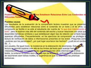 Problemática 6: Hay Dificultad Para Establecer Relaciones Entre Los Contenidos de
Diferentes Textos
Posibles causas
Los resultados de la evaluación de la comprensión lectora muestran que se presentan
dificultades para establecer relaciones entre el contenido de un texto y el de otros. La
compresión se facilita si se pide al estudiante dar cuenta de “lo que dice internamente el
texto”, pero al explorar más allá del contenido del escrito y buscar relaciones con otros que
desarrollen temáticas similares o que establezcan algún tipo de relación con el texto base,
aparecen dificultades. Frecuentemente, en los ejercicios de comprensión se privilegia la
lectura de verificación de datos e informaciones presentes en los textos. Preguntas como
¿quiénes son los personajes?, ¿en qué lugar ocurrieron los hechos?, ¿cuál era el nombre
de…?,
son usuales. De igual modo, la insistencia en la elaboración de resúmenes. Este tipo de
lectura no permite explorar más allá de los límites del texto para avanzar hacia
interpretaciones más complejas en las que se involucren otras informaciones y otros
textos. Lo anterior no quiere decir que ese tipo de lectura de verificación o la elaboración
de resúmenes sean tareas inútiles, la sugerencia es que no sean esas las prácticas
exclusivas.

 