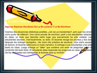 III. ALGUNAS TENSIONES
Algunas Razones Escolares De La No Lectura Y La No Escritura
Veamos dos situaciones didácticas posibles, ¿tal vez ya inexistentes?, pero que nos sirven
como punto de reflexión: Una rutina escolar de escritura: pedir a los estudiantes redactar,
en clase, un texto que describa cierto lugar que previamente ha sido visitado. Los
estudiantes escriben, individualmente, su texto. El docente recoge los escritos y dos días
después los entrega corregidos....Se inicia otra práctica de escritura...Una rutina escolar
de lectura: el docente selecciona un texto narrativo, lo entrega a sus estudiantes y les pide
leerlo en clase. Luego entrega un “taller” que contiene una serie de preguntas sobre el
contenido del texto leído. El estudiante debe responder las preguntas en casa. El siguiente
día las respuestas son entregadas al docente para su revisión.

 
