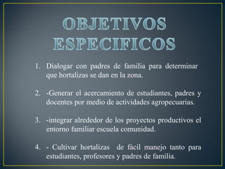 1. Dialogar con padres de familia para determinar
que hortalizas se dan en la zona.
2. -Generar el acercamiento de estudiantes, padres y
docentes por medio de actividades agropecuarias.
3. -integrar alrededor de los proyectos productivos el
entorno familiar escuela comunidad.
4. - Cultivar hortalizas de fácil manejo tanto para
estudiantes, profesores y padres de familia.

 
