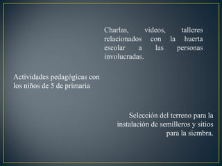 Charlas,
videos,
talleres
relacionados con la huerta
escolar
a
las
personas
involucradas.
Actividades pedagógicas con
los niños de 5 de primaria

Selección del terreno para la
instalación de semilleros y sitios
para la siembra.

 