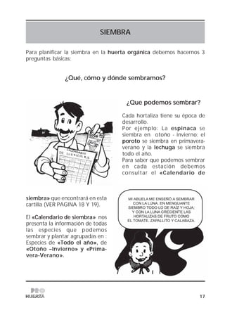 17
SIEMBRA
Para planificar la siembra en la huerta orgánica debemos hacernos 3
preguntas básicas:
¿Qué, cómo y dónde sembramos?
¿Que podemos sembrar?
Cada hortaliza tiene su época de
desarrollo.
Por ejemplo: La espinaca se
siembra en otoño - invierno; el
poroto se siembra en primavera-
verano y la lechuga se siembra
todo el año.
Para saber que podemos sembrar
en cada estación debemos
consultar el «Calendario de
siembra» que encontrará en esta
cartilla (VER PAGINA 18 Y 19).
El «Calendario de siembra» nos
presenta la información de todas
las especies que podemos
sembrar y plantar agrupadas en :
Especies de «Todo el año», de
«Otoño –Invierno» y «Prima-
vera-Verano».
 