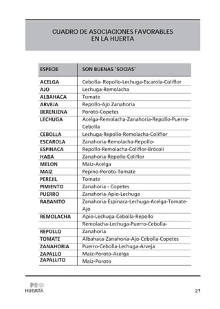 27
CUADRO DE ASOCIACIONES FAVORABLES
EN LA HUERTA
Cebolla- Repollo-Lechuga-Escarola-Coliflor
Lechuga-Remolacha
Tomate
Repollo-Ajo Zanahoria
Poroto-Copetes
Acelga-Remolacha-Zanahoria-Repollo-Puerro-
Cebolla
Lechuga-Repollo-Remolacha-Coliflor
Zanahoria-Remolacha-Repollo-
Repollo-Remolacha-Coliflor-Brócoli
Zanahoria-Repollo-Coliflor
Maíz-Acelga
Pepino-Poroto-Tomate
Tomate
Zanahoria - Copetes
Zanahoria-Apio-Lechuga
Zanahoria-Espinaca-Lechuga-Acelga-Tomate-
Ajo
Apio-Lechuga-Cebolla-Repollo
Remolacha-Lechuga-Puerro-Cebolla-
Zanahoria
Albahaca-Zanahoria-Ajo-Cebolla-Copetes
Puerro-Cebolla-Lechuga-Arveja
Maíz-Poroto-Acelga
Maíz-Poroto
 