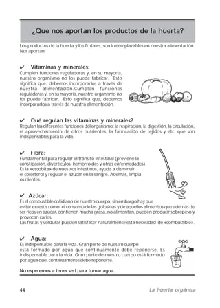 44 La huerta orgánicaLa huerta orgánicaLa huerta orgánicaLa huerta orgánicaLa huerta orgánica
¿Que nos aportan los productos de la huerta?
Los productos de la huerta y los frutales, son irreemplazables en nuestra alimentación.
Nos aportan:
Vitaminas y minerales:
Cumplen funciones reguladoras y, en su mayoría,
nuestro organismo no los puede fabricar. Esto
significa que, debemos incorporarlos a través de
nuestra alimentación.Cumplen funciones
reguladoras y, en su mayoría, nuestro organismo no
los puede fabricar. Esto significa que, debemos
incorporarlos a través de nuestra alimentación.
Qué regulan las vitaminas y minerales?
Regulan las diferentes funciones del organismo: la respiración, la digestión, la circulación,
el aprovechamiento de otros nutrientes, la fabricación de tejidos y etc. que son
indispensables para la vida.
Fibra:
Fundamental para regular el tránsito intestinal (previene la
constipación, divertículos, hemorroides y otras enfermedades).
Es la «escobita» de nuestros intestinos, ayuda a disminuir
el colesterol y regular el azúcar en la sangre. Además, limpia
os dientes.
Azúcar:
Es el combustible cotidiano de nuestro cuerpo, sin embargo hay que
evitar excesos como, el consumo de las golosinas y de aquellos alimentos que además de
ser ricos en azúcar, contienen mucha grasa, no alimentan, pueden producir sobrepeso y
provocan caries.
Las frutas y verduras pueden satisfacer naturalmente esta necesidad de «combustible».
Agua:
Es indispensable para la vida. Gran parte de nuestro cuerpo
está formado por agua que continuamente debe reponerse. Es
indispensable para la vida. Gran parte de nuestro cuerpo está formado
por agua que, continuamente debe reponerse.
No esperemos a tener sed para tomar agua.
 