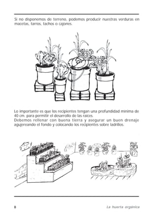 8 La huerta orgánicaLa huerta orgánicaLa huerta orgánicaLa huerta orgánicaLa huerta orgánica
Si no disponemos de terreno, podemos producir nuestras verduras en
macetas, tarros, tachos o cajones.
Lo importante es que los recipientes tengan una profundidad mínima de
40 cm. para permitir el desarrollo de las raíces.
Debemos rellenar con buena tierra y asegurar un buen drenaje
agujereando el fondo y colocando los recipientes sobre ladrillos.
 