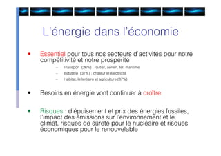 L’énergie dans l’économie
•   Essentiel pour tous nos secteurs d’activités pour notre
    compétitivité et notre prospérité
         –   Transport (26%) ; routier, aérien, fer, maritime
         –   Industrie (37%) ; chaleur et électricité
         –   Habitat, le tertiaire et agriculture (37%)


•   Besoins en énergie vont continuer à croître

•   Risques : d’épuisement et prix des énergies fossiles,
    l’impact des émissions sur l’environnement et le
    climat, risques de sûreté pour le nucléaire et risques
    économiques pour le renouvelable
 