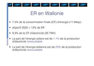 ER en Wallonie
• 7.5% de la consommation ﬁnale (CF) d’énergie (11 Mtep) :

• objectif 2020 = 13% de ER

• 9.3% de le CF d’électricité (25 TWh)

• La part de l’énergie solaire est de 1.1% de la production
  d’électricité renouvelable

• La part de l’énergie éolienne est de 23% de la production
  d’électricité renouvelable
 