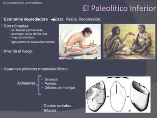 La humanidad prehistórica

                                                  El Paleolítico Inferior
 Economía depredadora            Caza, Pesca, Recolección.
 Son nómadas:
     sin hábitat permanente
     acampan cerca de los ríos
     viven al aire libre
     agrupados en pequeñas hordas.


 Inventa el fuego.



 Aparecen primeros materiales líticos:

                          Gruesos
         Achelense        Pesado
                          Difíciles de manejar




                          Cantos rodados
                          Bifaces
 
