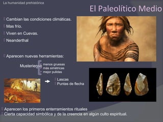 La humanidad prehistórica

                                                     El Paleolítico Medio
  Cambian las condiciones climáticas.
  Mas frío.
  Viven en Cuevas.
  Neanderthal


  Aparecen nuevas herramientas:

          Musteriense menos gruesas
                      
                     más simétricas
                       mejor pulidas

                                 Lascas
                                 Puntas de flecha




 Aparecen los primeros enterramientos rituales
 Cierta capacidad simbólica y de la creencia en algún culto espiritual.
 