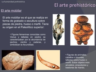 La humanidad prehistórica

                                               El arte prehistórico
El arte mobilar

 El arte mobiliar es el que se realiza en
 forma de grabado o escultura sobre
 piezas de piedra, hueso o marfil. Tiene
 su origen en el Paleolítico superior:

         • Figuras femeninas conocidas como
         Venus y talladas en piedra; se
         caracterizaban por la abundancia de
         pechos, vientre y caderas, y
         simbolizan la fecundidad.



                                                    • Figuras de animales,
                                                    caballos o bisontes,
                                                    talladas sobre hueso o
                                                    marfil. Estos objetos eran
                                                    amuletos, propulsores y
                                                    bastones de mando.
 