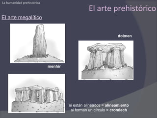 La humanidad prehistórica

                                               El arte prehistórico
El arte megalítico


                                                               dolmen




                            menhir




                                     si están alineados = alineamiento
                                      si forman un círculo = cromlech
 