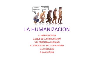 LA HUMANIZACION
I1. INTRODUCCION
2.¿QUE ES EL SER HUMANO?
3.EL PROBLEMA HUMANO
4.CAPACIDADES DEL SER HUMANO
5.LA SOCIEDAD
6. LA CULTURA
 
