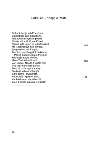LAHUTA – Kangë e Pestë



Si, kur t' lshoje kah Prandvera,
Vrullet bleta çark njaj zgjonit,
Tue zukatë si rryma e prronit.
N'brohorí tue i lutë jete Knjazit
Njiqind vetë kcyen m' kulm t'pullazit,
Mâ t' permendun kah trimnija,               455
Njaq u njiten mbi frangia,
Tue thye muret n'gjak t' perlyeme:
─ Por ká gioben shpija e thyeme!--
Krisi Osja atbotë si ulâni,
Mje m'Cetinë i vojti zâni:                  460
«Ah kadalë, Nikollë, t' vraftë Zoti!
Pse ktû i thone Oso barotí:
Se s' ké pa Shqyptár me sý,
Se djegë vehten edhè tý!»
Edhè zjarrë i dha barotit.
Aman, falë i kjoshim Zotit,                 465
Kur ká dhanun zjarrë barotit,
Se ç' â dridhë Vranina e shkretë!
___________________




88
 