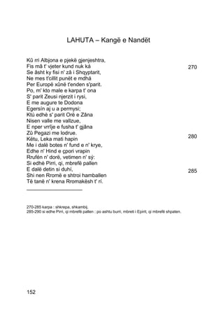 LAHUTA – Kangë e Nandët

Kû rri Albjona e pjekë gjenjeshtra,
Fis mâ t' vjeter kund nuk ká                                                                    270
Se âsht ky fisi n' zâ i Shqyptarit,
Ne mes t'cillit punët e mdhá
Per Europë xûnë t'enden s'parit.
Po, m' kto male e karpa t' ona
S' parit Zeusi njerzit i rysi,
E me augure te Dodona
Egersín aj u a permysi;
Ktú edhè s' parit Orë e Zâna
Nisen valle me vallzue,
E nper vrrîje e fusha t' gjâna
Zû Pegazi me lodrue.
Këtu, Leka mati hapin                                                                           280
Me i dalë botes n' fund e n' krye,
Edhe n' Hind e çpori vrapin
Rrufén n' dorë, vetimen n' sý:
Si edhè Pirri, qi, mbrefë pallen
E dalë detin si duhí,                                                                           285
Shi nen Rromë e shtroi hamballen
Të tanë n' krena Rromakësh t' rí.
___________________


270-285 karpa : shkrepa, shkambij.
285-290 si edhe Pirri, qi mbrefë pallen : po ashtu burri, mbreti i Epirit, qi mbrefë shpaten.




152
 