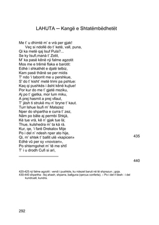 LAHUTA ─ Kangë e Shtatëmbëdhetët

Me t’ u dhimtë m’ e vrà per gjak!
     Veç si ndollë do t’ ketë, vall, puna,
Qi ka metë qaj Isuf Pula?...
Se ky Isufi,manà t’ Zotit,
M’ ka pasë kênë nji falme agzotit
Mos me e trêmë flaka e barotit:
Edhè i shkathët e djalë telbiz,
Kam pasë thânë se per midis
T' ndo ‘i taborrit me u pershkue,
S' do t’ kisht’ metë trimi pa pshtue:
Kaq qi pushkës i âsht kênë kujtue!
Por kur do me t’ gjetë rreziku,
Aj po t’ gjetka, mor lum miku,
A prej hasmit a prej vllaut,
T’ jèsh ti strukë mu n’ bryne t’ kaut.
Turr lshue Isufi m’ Malazez
Nper do shpartha e curra t’ zez,
Nâm po bâte aj permbi Shkjà,
Kè tue vrà, kê n’ gjak tue là;
Thue, kulshedra m’ ta ká rà.
Kur, qe, ‘i farë Drekalov Mije
Po i del n’ ndesh nper ato hije,
Qi, m’ shtek t’ ballit ulë «kapicen»                                                            435
Edhè vû per sy «novicen»,
Po shterngohet m’ tê me shtî
T’ i u drodh Cufi si arì,
___________________
                                                                                                440

420-425 nji falme agzotit : vendi i pushkës, ku ndezet baruti në të shprazun ; goja.
430-440 shpartha : lloj ahash, shparra, ballguna (qercus conferta). – Po i del n’desh : i del
    kundruell, kundra.




292
 