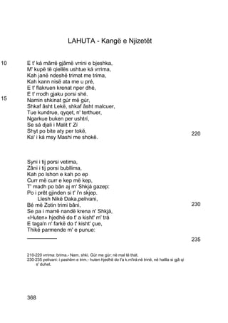 LAHUTA - Kangë e Njizetët


10   E t' ká mârrë gjâmë vrrini e bjeshka,
     M' kupë të qiellës ushtue ká vrrima,
     Kah janë ndeshë trimat me trima,
     Kah kann nisë ata me u pré,
     E t' flakruen krenat nper dhé,
     E t' rrodh gjaku porsi shé.
15   Namin shkinat gúr më gúr,
     Shkaf âsht Lekë, shkaf âsht malcuer,
     Tue kundrue, qyqet, n' terthuer,
     Ngarkue buken per ushtrí,
     Se sá djali i Malit t' Zí
     Shyt po bite aty per tokë,                                                                      220
     Ka' i ká msy Mashi me shokë.



     Syni i tij porsi vetima,
     Zâni i tij porsi bubllima,
     Kah po lshon e kah po ep
     Curr më curr e kep më kep,
     T' madh po bân aj m' Shkjá gazep:
     Po i prêt gjinden si t' i'n skjep.
          Llesh Nikë Daka,pelivani,
     Bé më Zotin trimi bâni,                                                                         230
     Se pa i marrë nandë krena n' Shkjá,
     «Huten» hjedhë do t' a kisht' m' trá
     E taga'n n' farkë do t' kisht' çue,
     Thikë parmende m' e punue:
     __________
                                                                                                     235

     210-220 vrrima: brima.- Nam. shki. Gúr me gúr: në mal të thát.
     230-235 pelivani: i pashëm e trim.- huten hjedhë do t'a k.m'trá:në trinë, në hatlla si gjâ qi
         s' duhet.




     368
 