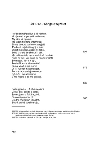 LAHUTA - Kangë e Njizetët


Por se shmangë nuk e ká kamen.
M' njanen í shpervjelë dollamen,
Aty trimi ká ngujue,
Me tagan në dorë shterngue:
Si njaj derr, qi poshtë ─ perpjetë
T' a kenë ndjekë langojt e letë
Shpat më shpat, zabel m' zabel,
Edhe t' shofë se shtek s' i del,                                                          570
Me pshtue sish, me u strukë në breshtë,
Kund m' do' i lak, kund m' ndonji kreshtë
Synin gjak, turî'n n' ajrí,
Tue turfllue me shum mëní,
Zên aj vend e rrin e pret,
                                                                                          575
Qi t' i hudhen hasemt nget,
Per me ta, mandej me u rrue
Fyt-a-fyt, me u laskarue,
E me mbetë a se me pshtue.

                                                                                          580

Ballin gjanë si ─ fushë mejdani,
Vetllat zí si penda e korbit,
Synin zjarm si flakë agzotit,
Si ajo rrfeja neper rê:                                                                   585
Dredhë mustakun kacadrê,
Shtatit ardhë porsi harbija,
__________

565-570 M'njanen í shpervjelë dollamen: çue dollamen në njanen anë të trupit (në kryq).
570-580 breshtë: pýll me bredha.- lak,kreshtë: luginë,kurriz mali.- me u rrue: me u
    perlá,me u kacafytë.- me u laskarue: me u shkye.
585-590 mustakun kacadrê: K.VII,114.- harbija: K.IX,299.




382
 