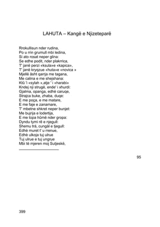 LAHUTA – Kangë e Njizeteparë

Rrokullisun nder rudina,
Po u rrin grumull mbi ledina,
Si ato rosat neper glina:
Se edhe podit, nder plakrrica,
T' janë perzi «ksula»e «kapica»,
T' janë kryqzue «huta»e «novica »
Mjellë âsht qarrja me tagana,
Me calina e me shejshana:
Ktû 'i «sylah »,atje ' i «harabi»
Kndej nji strugë, ende' i xhurdi:
Gjalma, opanga, edhè caruqe,
Strajca buke, zhaba, duqe:
E me poça, e me matare,
E me faje e zanamare,
T' mbetne shkret neper bunjet:
Me bujrija e lodertija,
E me topa hûmë nder gropa:
Dyndu tymi rê e njegull:
Shemu trá, cungàl e tjegull:
Edhè muret t' u rrenue,
Edhè ulkoja tuj ulrue
Tuj ulrue e tuj ungrue
Mbi të mjeren moj Sutjeskë,
___________________

                                            95




399
 