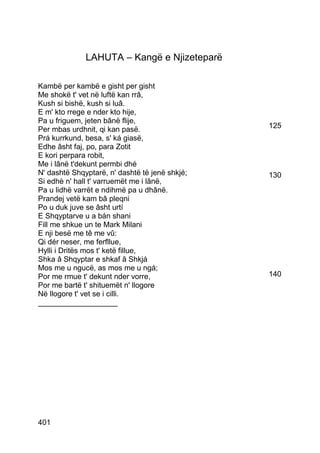 LAHUTA – Kangë e Njizeteparë

Kambë per kambë e gisht per gisht
Me shokë t' vet në luftë kan rrâ,
Kush si bishë, kush si luâ.
E m' kto rrege e nder kto hije,
Pa u friguem, jeten bânë flije,
Per mbas urdhnit, qi kan pasë.                  125
Prá kurrkund, besa, s' ká giasë,
Edhe âsht faj, po, para Zotit
E kori perpara robit,
Me i lânë t'dekunt permbi dhé
N' dashtë Shqyptarë, n' dashtë të jenë shkjé;   130
Si edhè n' hall t' varruemët me i lânë,
Pa u lidhë varrët e ndihmë pa u dhânë.
Prandej vetë kam bâ pleqni
Po u duk juve se âsht urtí
E Shqyptarve u a bán shani
Fill me shkue un te Mark Milani
E nji besë me tê me vû:
Qi dér neser, me ferfllue,
Hylli i Dritës mos t' ketë fillue,
Shka â Shqyptar e shkaf â Shkjá
Mos me u ngucë, as mos me u ngá;
Por me rmue t' dekunt nder vorre,               140
Por me bartë t' shituemët n' llogore
Në llogore t' vet se i cilli.
___________________




401
 