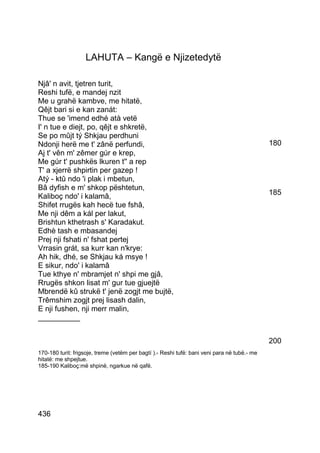 LAHUTA – Kangë e Njizetedytë

Njâ' n avit, tjetren turit,
Reshi tufë, e mandej nzit
Me u grahë kambve, me hitatë,
Qêjt bari si e kan zanát:
Thue se 'imend edhé atà vetë
I' n tue e diejt, po, qêjt e shkretë,
Se po mûjt tý Shkjau perdhuni
Ndonji herë me t' zânë perfundi,                                                              180
Aj t' vên m' zêmer gúr e krep,
Me gúr t' pushkës lkuren t'' a rep
T' a xjerrë shpirtin per gazep !
Atý - ktû ndo 'i plak i mbetun,
Bâ dyfish e m' shkop pështetun,
                                                                                              185
Kaliboç ndo' i kalamâ,
Shifet rrugës kah hecë tue fshâ,
Me nji dêm a kál per lakut,
Brishtun kthetrash s' Karadakut.
Edhè tash e mbasandej
Prej nji fshati n' fshat pertej
Vrrasin grát, sa kurr kan n'krye:
Ah hik, dhé, se Shkjau ká msye !
E sikur, ndo' i kalamâ
Tue kthye n' mbramjet n' shpi me gjâ,
Rrugës shkon lisat m' gur tue gjuejtë
Mbrendë kû strukë t' jenë zogjt me bujtë,
Trêmshim zogjt prej lisash dalin,
E nji fushen, nji merr malin,
__________


                                                                                              200
170-180 turit: frigsoje, treme (vetëm per bagtí ).- Reshi tufë: bani veni para në tubë.- me
hitatë: me shpejtue.
185-190 Kaliboç:më shpinë, ngarkue në qafë.




436
 
