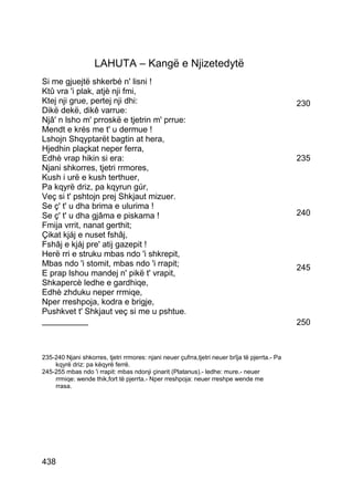 LAHUTA – Kangë e Njizetedytë
Si me gjuejtë shkerbé n' lisni !
Ktû vra 'i plak, atjè nji fmi,
Ktej nji grue, pertej nji dhi:                                                                  230
Dikë dekë, dikê varrue:
Njâ' n lsho m' prroskë e tjetrin m' prrue:
Mendt e krés me t' u dermue !
Lshojn Shqyptarët bagtin at hera,
Hjedhin plaçkat neper ferra,
Edhè vrap hikin si era:                                                                         235
Njani shkorres, tjetri rrmores,
Kush i urë e kush terthuer,
Pa kqyrë driz, pa kqyrun gúr,
Veç si t' pshtojn prej Shkjaut mizuer.
Se ç' t' u dha brima e ulurima !
Se ç' t' u dha gjâma e piskama !                                                                240
Fmija vrrit, nanat gerthit;
Çikat kjáj e nuset fshâj,
Fshâj e kjáj pre' atij gazepit !
Herë rri e struku mbas ndo 'i shkrepit,
Mbas ndo 'i stomit, mbas ndo 'i rrapit;                                                         245
E prap lshou mandej n' pikë t' vrapit,
Shkapercè ledhe e gardhiqe,
Edhè zhduku neper rrmiqe,
Nper rreshpoja, kodra e brigje,
Pushkvet t' Shkjaut veç si me u pshtue.
__________                                                                                      250



235-240 Njani shkorres, tjetri rrmores: njani neuer çufrra,tjetri neuer brîja të pjerrta.- Pa
    kqyrë driz: pa këqyrë ferrë.
245-255 mbas ndo 'i rrapit: mbas ndonji çinarit (Platanus).- ledhe: mure.- neuer
    rrmiqe: wende thik,fort të pjerrta.- Nper rreshpoja: neuer rreshpe wende me
    rrasa.




438
 