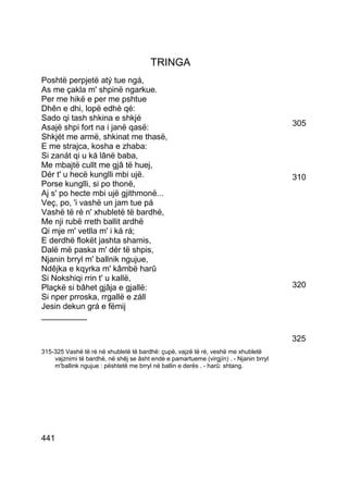 TRINGA
Poshtë perpjetë atý tue ngá,
As me çakla m' shpinë ngarkue.
Per me hikë e per me pshtue
Dhên e dhi, lopë edhè qé:
Sado qi tash shkina e shkjé
Asajë shpi fort na i janë qasë:                                                        305
Shkjét me armë, shkinat me thasë,
E me strajca, kosha e zhaba:
Si zanát qi u ká lânë baba,
Me mbajtë cullt me gjâ të huej,
Dér t' u hecë kunglli mbi ujë.                                                         310
Porse kunglli, si po thonë,
Aj s' po hecte mbi ujë gjithmonë...
Veç, po, 'i vashë un jam tue pá
Vashë të ré n' xhubletë të bardhë,
Me nji rubë rreth ballit ardhë
Qi mje m' vetlla m' i ká rá;
E derdhë flokët jashta shamis,
Dalë më paska m' dér të shpis,
Njanin brryl m' ballnik ngujue,
Ndêjka e kqyrka m' kâmbë harû
Si Nokshiqi rrin t' u kallë,
Plaçkë si bâhet gjâja e gjallë:                                                        320
Si nper prroska, rrgallë e záll
Jesin dekun grá e fëmij
__________

                                                                                       325
315-325 Vashë të ré në xhubletë të bardhë: çupë, vajzë të ré, veshë me xhubletë
    vajznimi të bardhë, në shêj se âsht endè e pamartueme (virgjín) . - Njanin brryl
    m'ballink ngujue : pështetë me brryl në ballin e derës . - harû: shtang.




441
 