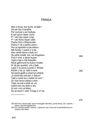 TRINGA

Mos e thuej, bre burrë, at fjalë !
Se per lila e karajfila,
Per zymyla e per bylbyla,
E per gurra neper curra:
P' r ato hije neper vrrije,
P' r ato flutra neper zalle:
Pasha Orë e Shtozovalle,
Pasha t' rijt e pasha veren,
Per sa bjeshkë e lule bleren.
Mâ fisnike 'i vashë s' e ké,
Kah ndritë hâna e dielli zé !
Se edhè ndollë, bre, ká shqyptare.                                                          360
Fisit t' mirë, e deret bujare:
Vetë e bija e Ulë Keqotës,
Kênë gjithmonë ky buka e botës:
N' zâ per pushkë, urti e fjalë,
Lypë n' kuvend e pvetë n' Xhibál:
Koritë s' ká, jo, tatë e nanë                                                               365
Sa kjenë gjallë e shpirt pa dhânë,
Jo koritë kjo sod per s' dekuni
Tatë e nanë tue u kalbë në vorr !
Qi i kan lanun plang e shpi,
Tokë në mal e tokë në vrri,
Vathin tok me dhên e dhi,
Si mâ i miri në Malci.
Se as kend t' vetin Tringa s' m' ká:
___________

                                                                                            375
355-360 Orë e Shtozovalle: fytyrat mitologjike bâmirëse, pranej shtoju, Zot, rrjeshtin. -
    bleren: blerohen,gjelbërohen
365-370 n'Xhibál: këshilli i pleqvet, i ngarkuem prej Turqís per të pershtatë Kanunín
    doketár nder Malsí.




443
 