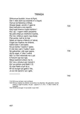 TRINGA
Shkrumue buzësh, irnue në ftyrë,
Dér t' vllán âsht tue drashtë m' e kqyrë.
Harrue ká Nokshiq e Shkjá,
Shpijat djegë, vendin n' gjak lá:                                                     720
Keq rrethuem e ká mjerimi,
Kaq hypë tmera e hypë trishtimi !
Kúr, qe, 'i vigem ndien perjashta
Nji çetë shkjé po mlidhshin kashta,
Per me i dhânun zjarm njaj shpije
Pak pertej, nalt te nji hije.
Ndien at vigme e flakron m' kâmë.
Friget tue rrapllue me dhâmë,
Edhè futet n' ane tjeter,
Kû po kishte 'i kashû t' vjeter,
E mbi trén nalt n' hatlla t' epra
Nji gallushter, çilë nper qepra,                                                      730
Aq të vogel, n' cilla t' mdhá
Me t' zi nieri mbrendë me u pá:
E fluturim ajo tue ngá,
Mbas kashûnit shkon me hi,
Kin' me u strukun per rranzë ti
Kin' po pshton prej Malit t' Zi:
Qi nper flakë e tym të zi
Mî as bunger pa gjetë s' lite,
Jo se mâ njerzit s' po i gjite,
__________
                                                                                      740

715-720 irnue në ftyrë: nëxî në fëtyrë.
725-735 tue rrapllue me dhâmë: tuj kercllue me dhambë.- Nji gallushter: baxhë,
    dritare e vogël në pullaz, në çatí. - qepara: K. V, 473. - n' cilla t' mdhá: në
    mjesditë.
740-745 Mî as bunger: mi as bukël, nuse mîsh.




457
 