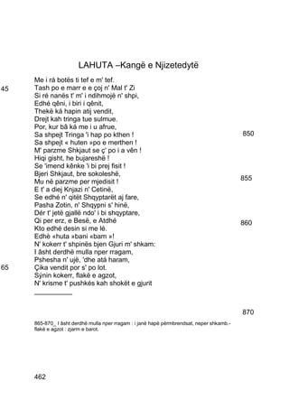 LAHUTA –Kangë e Njizetedytë
     Me i rá botës ti tef e m' tef.
45   Tash po e marr e e çoj n' Mal t' Zi
     Si ré nanës t' m' i ndihmojë n' shpi,
     Edhé qêni, i biri i qênit,
     Thekë ká hapin atij vendit,
     Drejt kah tringa tue sulmue.
     Por, kur bâ ká me i u afrue,
     Sa shpejt Tringa 'i hap po kthen !                                                    850
     Sa shpejt « huten »po e merthen !
     M' parzme Shkjaut se ç' po i a vên !
     Hiqi gisht, he bujareshë !
     Se 'imend kênke 'i bi prej fisit !
     Bjeri Shkjaut, bre sokoleshë,
     Mu në parzme per mjedisit !                                                           855
     E t' a diej Knjazi n' Cetinë,
     Se edhé n' qitët Shqyptarët aj fare,
     Pasha Zotin, n' Shqypni s' hinë,
     Dér t' jetë gjallë ndo' i bi shqyptare,
     Qi per erz, e Besë, e Atdhé                                                           860
     Kto edhé desin si me lé.
     Edhè «huta »bani «bam »!
     N' kokerr t' shpinës bjen Gjuri m' shkam:
     I âsht derdhë mulla nper rragam,
     Pshesha n' ujë, 'dhe atá haram,
65   Çika vendit por s' po lot.
     Sýnin kokerr, flakë e agzot,
     N' krisme t' pushkés kah shokët e gjurit
     __________


                                                                                           870
     865-870_ I âsht derdhë mulla nper rragam : i janë hapë përmbrendsat, neper shkamb.-
     flakë e agzot : zjarm e barot.




     462
 