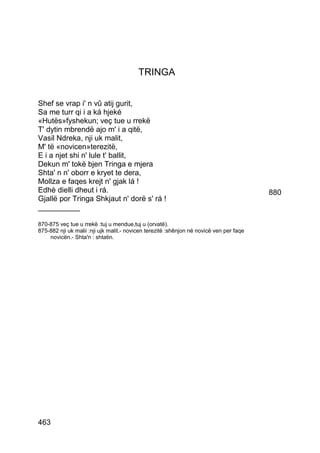 TRINGA


Shef se vrap i' n vû atij gurit,
Sa me turr qi i a ká hjeké
«Hutës»fyshekun; veç tue u rrekë
T' dytin mbrendë ajo m' i a qitë,
Vasil Ndreka, nji uk malit,
M' të «novicen»terezitë,
E i a njet shi n' lule t' ballit,
Dekun m' tokë bjen Tringa e mjera
Shta' n n' oborr e kryet te dera,
Mollza e faqes krejt n' gjak lá !
Edhè dielli dheut i rá.                                                                  880
Gjallë por Tringa Shkjaut n' dorë s' rá !
__________

870-875 veç tue u rrekë :tuj u mendue,tuj u (orvatë).
875-882 nji uk malii :nji ujk malit.- novicen terezitë :shênjon në novicë ven per faqe
    novicën.- Shta'n : shtatin.




463
 
