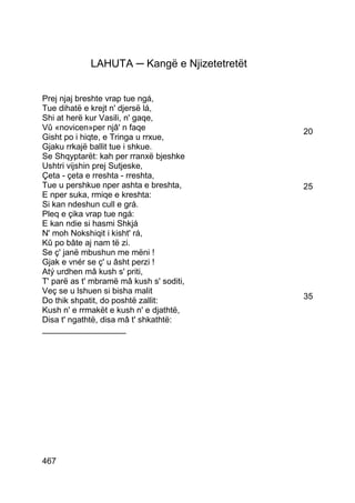 LAHUTA ─ Kangë e Njizetetretët


Prej njaj breshte vrap tue ngá,
Tue dihatë e krejt n' djersë lá,
Shi at herë kur Vasili, n' gaqe,
Vû «novicen»per njâ' n faqe                   20
Gisht po i hiqte, e Tringa u rrxue,
Gjaku rrkajë ballit tue i shkue.
Se Shqyptarët: kah per rranxë bjeshke
Ushtri vijshin prej Sutjeske,
Çeta - çeta e rreshta - rreshta,
Tue u pershkue nper ashta e breshta,          25
E nper suka, rmiqe e kreshta:
Si kan ndeshun cull e grá.
Pleq e çika vrap tue ngá:
E kan ndie si hasmi Shkjá
N' moh Nokshiqit i kisht' rá,
Kû po bâte aj nam të zi.
Se ç' janë mbushun me mëni !
Gjak e vnér se ç' u âsht perzi !
Atý urdhen mâ kush s' priti,
T' parë as t' mbramë mâ kush s' soditi,
Veç se u lshuen si bisha malit
Do thik shpatit, do poshtë zallit:            35
Kush n' e rrmakët e kush n' e djathtë,
Disa t' ngathtë, disa mâ t' shkathtë:
__________________




467
 
