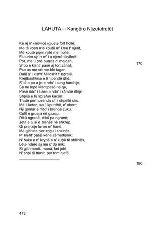 LAHUTA ─ Kangë e Njizetetretët

Ke aj n' «novicë»gjuete fort hollë:
Me tê voen me kputë m' krye t' njerit,
Me kputë pipin njitë me mollë,
Fluturim sý' n m' i a xjerré skylferit:
Por, me u pré burras n' mejdan,
S' po e kisht' pasë aj fort zanát;             170
Pse as me sé me blé tagan
Dalë s' i kisht' Milloshit t' ngratë.
Krejtbashtina e ti 'i pendë dhé,
S' di a po a jo e ndo' i cung hardhije,
Se ne lopë kisht'pasë ne qé,
Posë ndo' i lukre a ndo' i kâmbë dhije.
Shpija e tij ngrefun kaçorr,
Thatë permbrenda si ' i shpellë uku,
Me 'i kotec, sa 'i kpurdhë, n' oborr;
Nji gomár e ndo' i brengë çuku.
Cullt e grueja në gazep:
Dikû ngranë, dikû pa ngranë;
Jeta e tij si e bishës në shkrep,
Qi prej zije luron m' hanë,
Me gjithkta por zogu i shkinës
M' kisht' pasë kênë zêmerfisnik:
N' buké e n' krypë e n' kupë të shllinës,
Lête nderë aj me ç' do mik:
Si gjithmonë, maná, ket jetë
N' shpi të trimit. per trim njefë.
___________________
                                               190




473
 